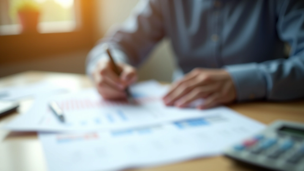 Accountant reviewing financial records and bank statements spread across desk with calculator and pen