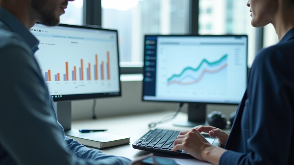 Business owner calculating sales revenue with monthly sales data charts and growth graphs visible on computer screen
