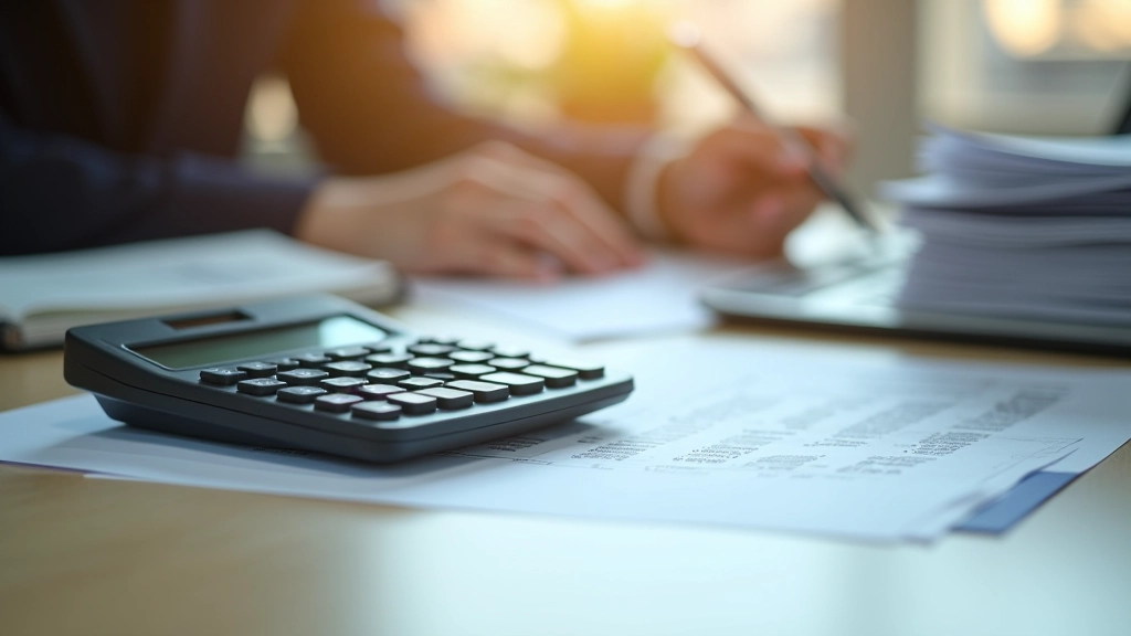 Calculator and expense receipts organized in folders on desk surface