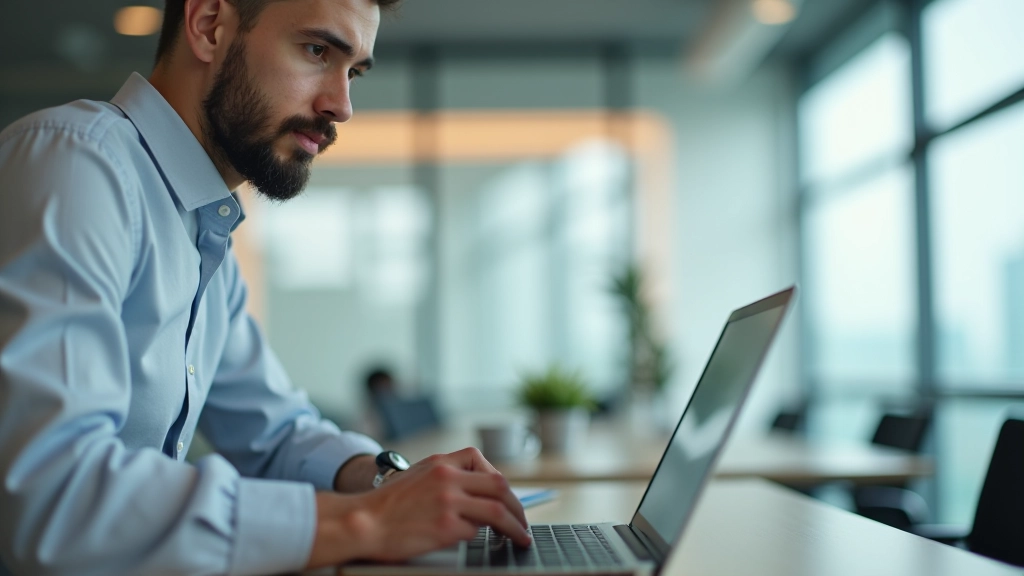 Small business owner using laptop to track budget performance with monthly variance report displayed
