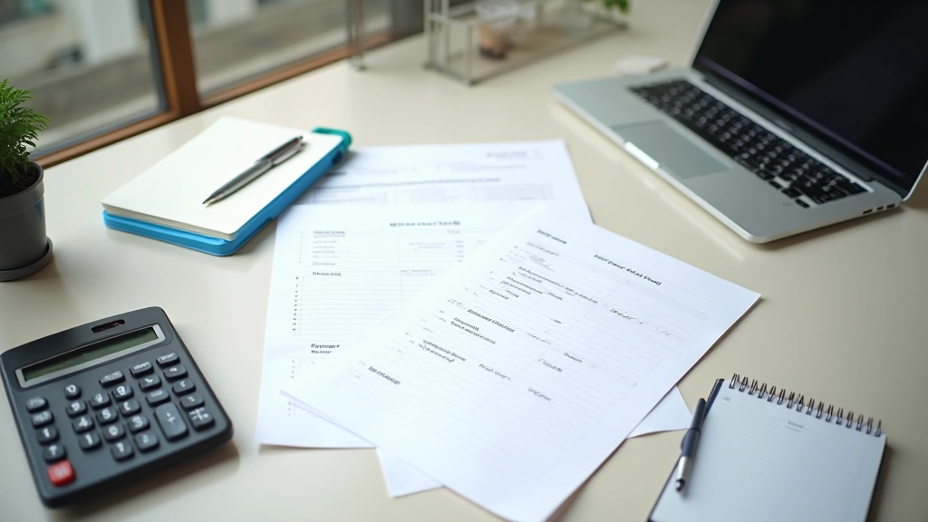 Modern office workspace with business planning documents and calculator on desk