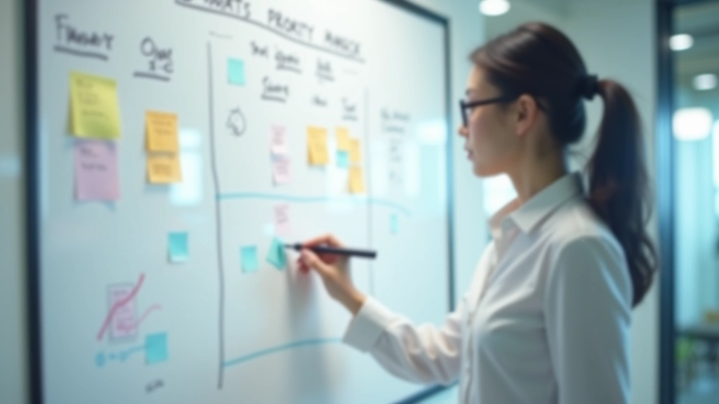 Person pointing at priority matrix on whiteboard with colored sticky notes showing impact versus effort